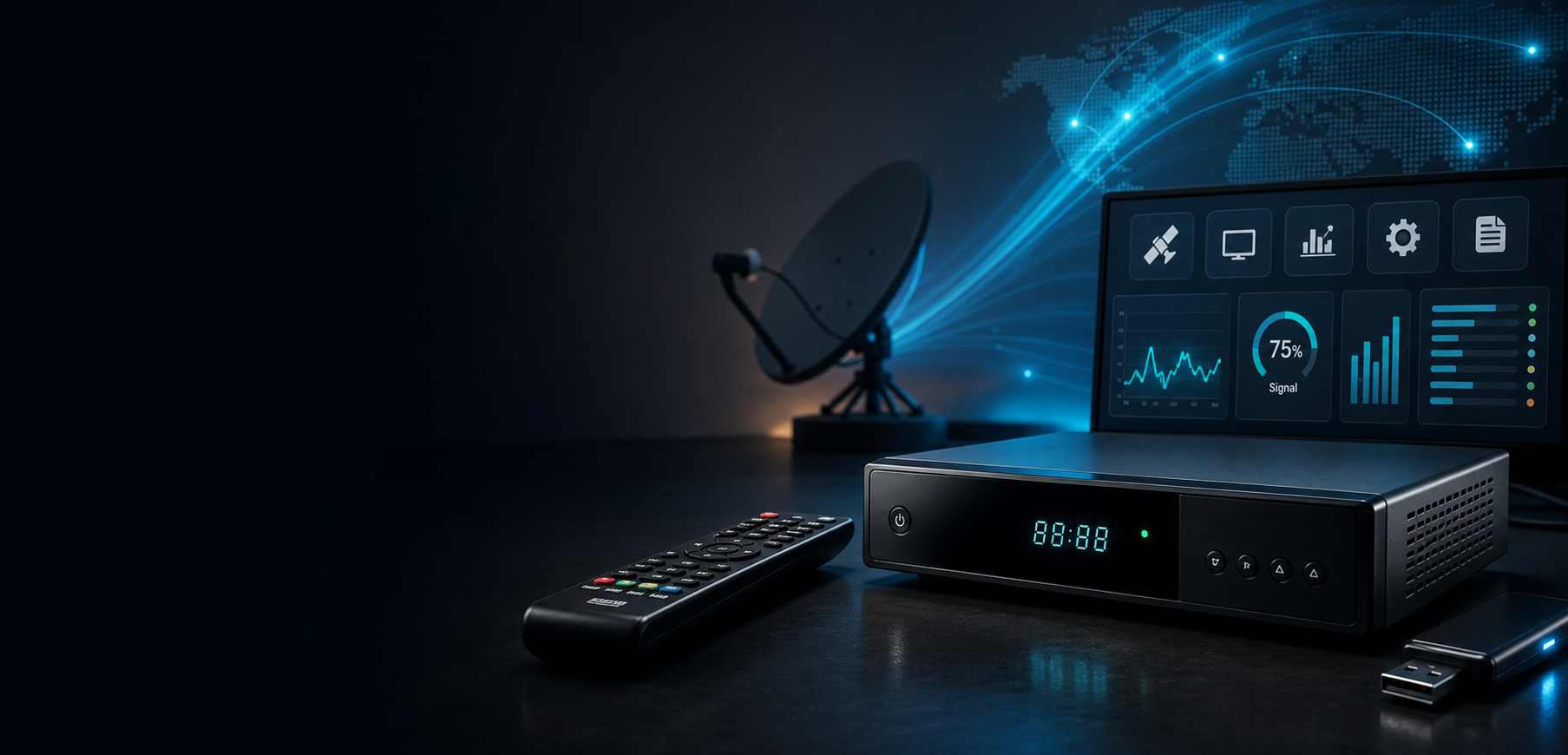 Receptor satelital moderno com painel de sinais digitais